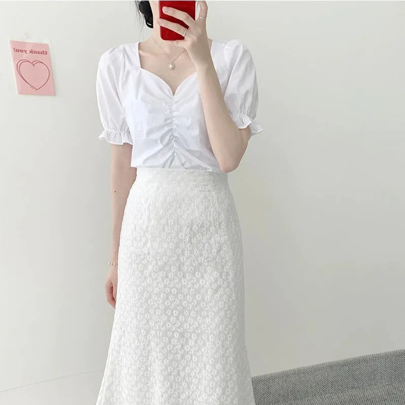 Two Piece Suits High Waist Bud Silk Embroidery A Line Skirts   Summer Short Sleeve