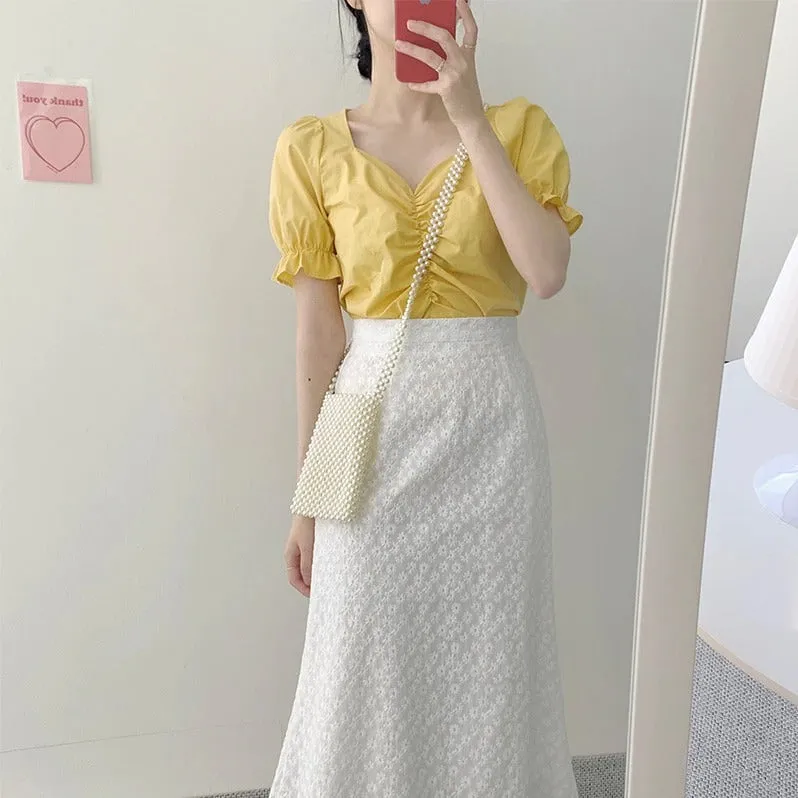 Two Piece Suits High Waist Bud Silk Embroidery A Line Skirts   Summer Short Sleeve