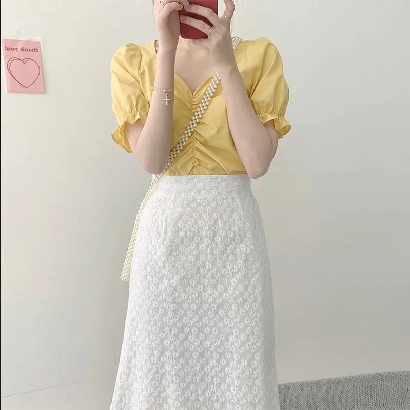 Two Piece Suits High Waist Bud Silk Embroidery A Line Skirts   Summer Short Sleeve