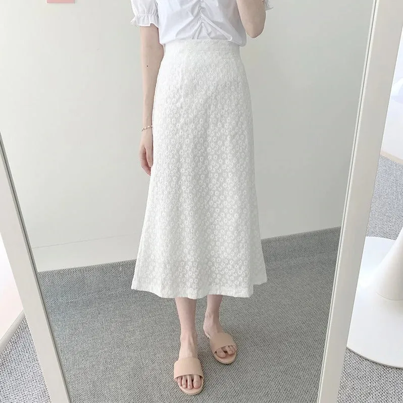 Two Piece Suits High Waist Bud Silk Embroidery A Line Skirts   Summer Short Sleeve