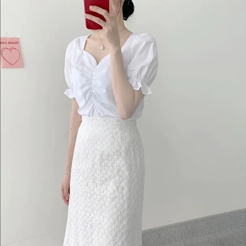 Two Piece Suits High Waist Bud Silk Embroidery A Line Skirts   Summer Short Sleeve