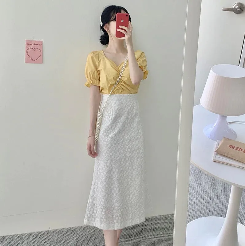 Two Piece Suits High Waist Bud Silk Embroidery A Line Skirts   Summer Short Sleeve