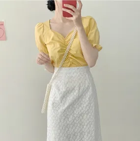 Two Piece Suits High Waist Bud Silk Embroidery A Line Skirts   Summer Short Sleeve