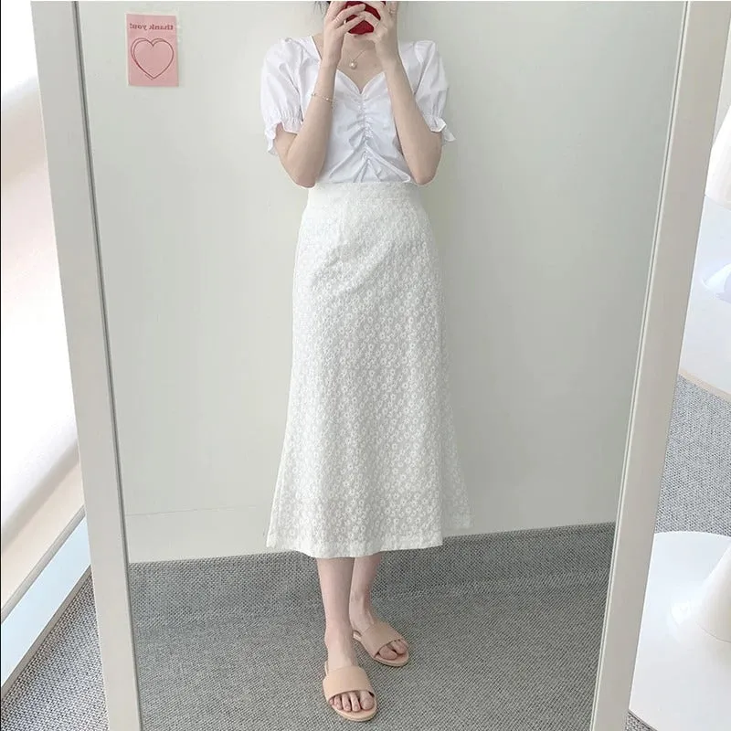 Two Piece Suits High Waist Bud Silk Embroidery A Line Skirts   Summer Short Sleeve