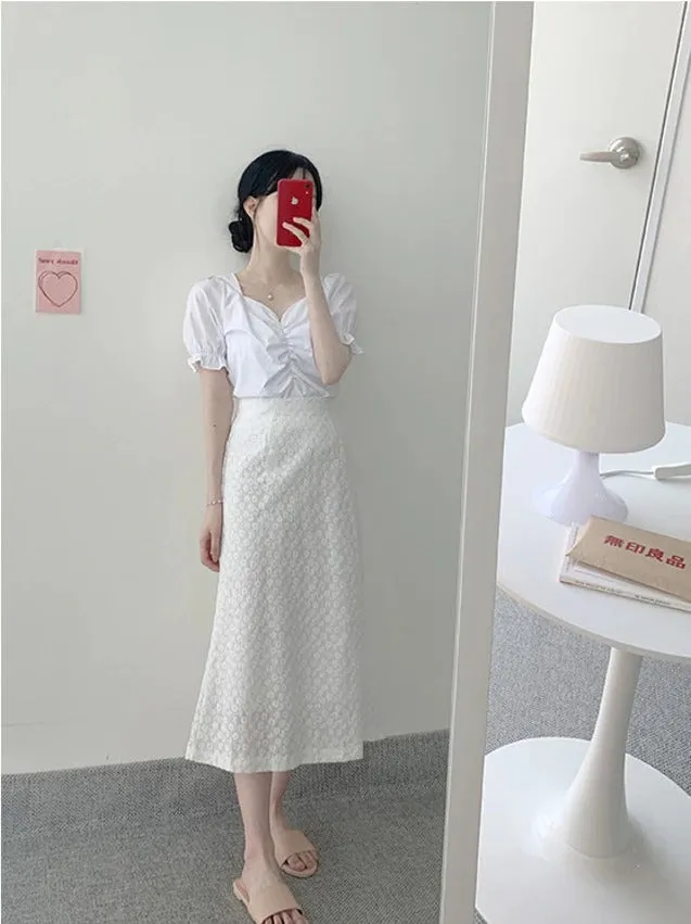 Two Piece Suits High Waist Bud Silk Embroidery A Line Skirts   Summer Short Sleeve