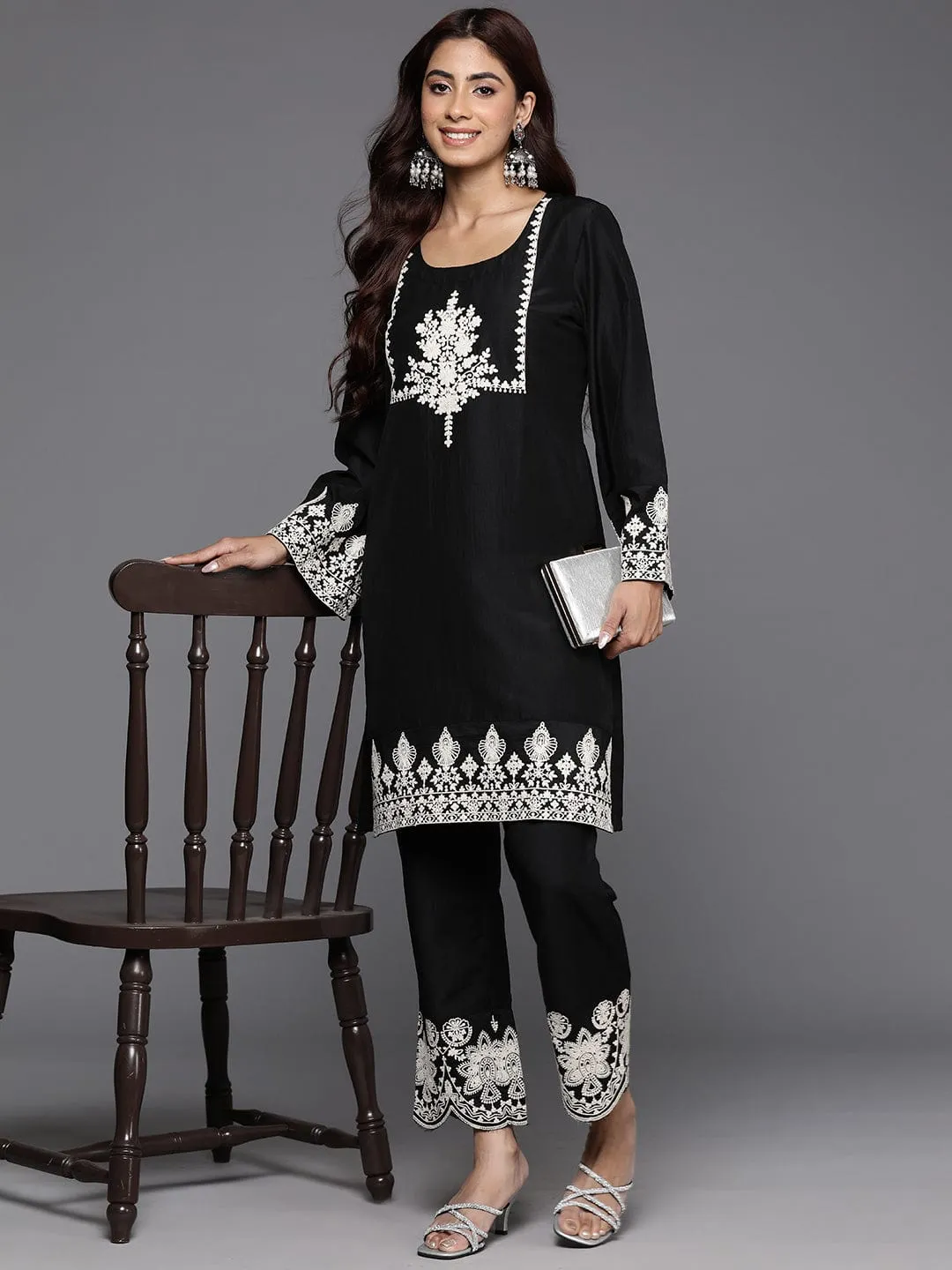 Varanga Women Black Embroidered Short Straight Kurta With Embroidered Bottom