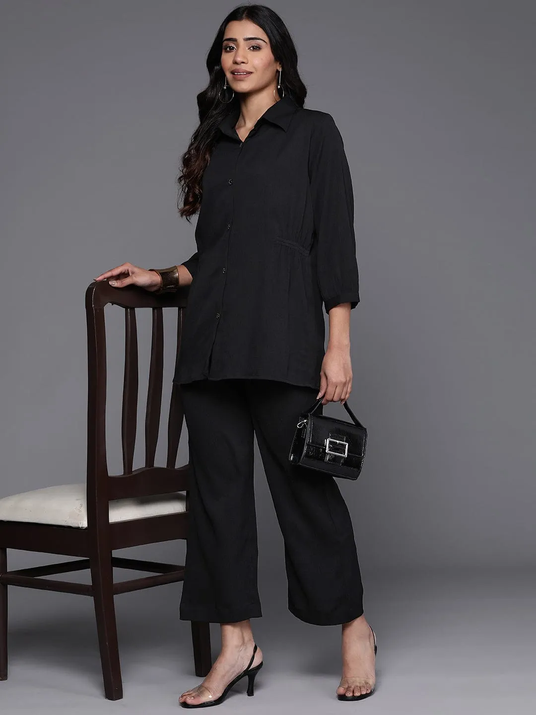 Varanga Women Black Shirt Collar Gather Detailed  Co-Ord Set