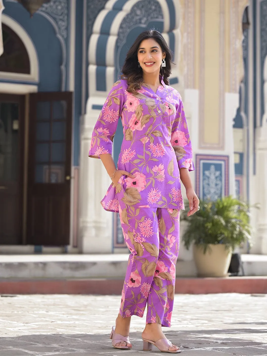 Varanga Women  Lavender Floral Printed Cotton Co-Ords