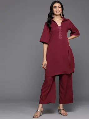 Varanga Women Maroon Lace Detailed Placket Co-Ord Set