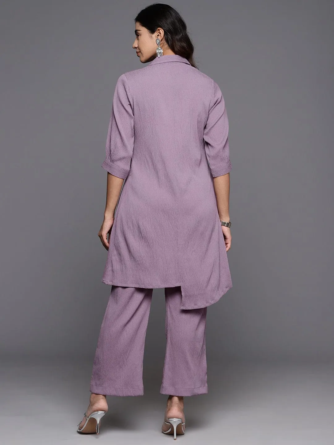 Varanga Women Mauve V Neck Button Placket Tunic Paired With Tonal Flared Bottom Vcod7216