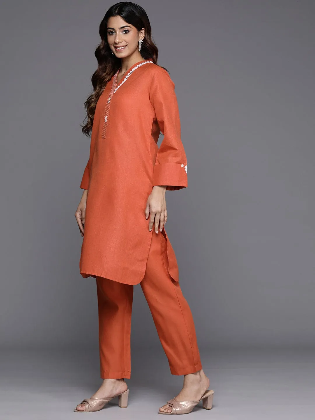 Varanga Women Orange Embroiderey And Lace Detailed Short Kurta With Btoom