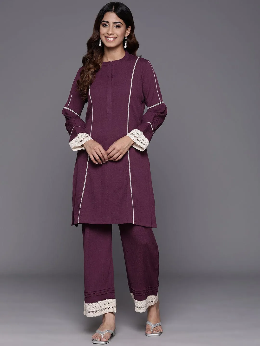 Varanga Women Violet Cotton Lace Detailed Co-Ord Set