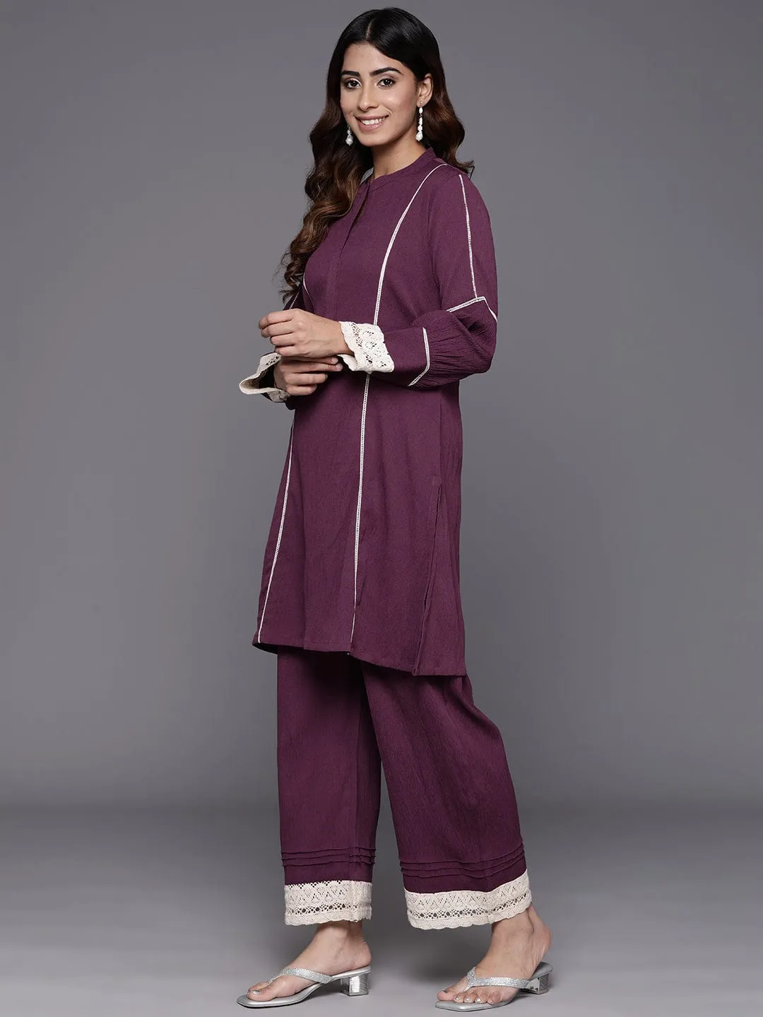 Varanga Women Violet Cotton Lace Detailed Co-Ord Set