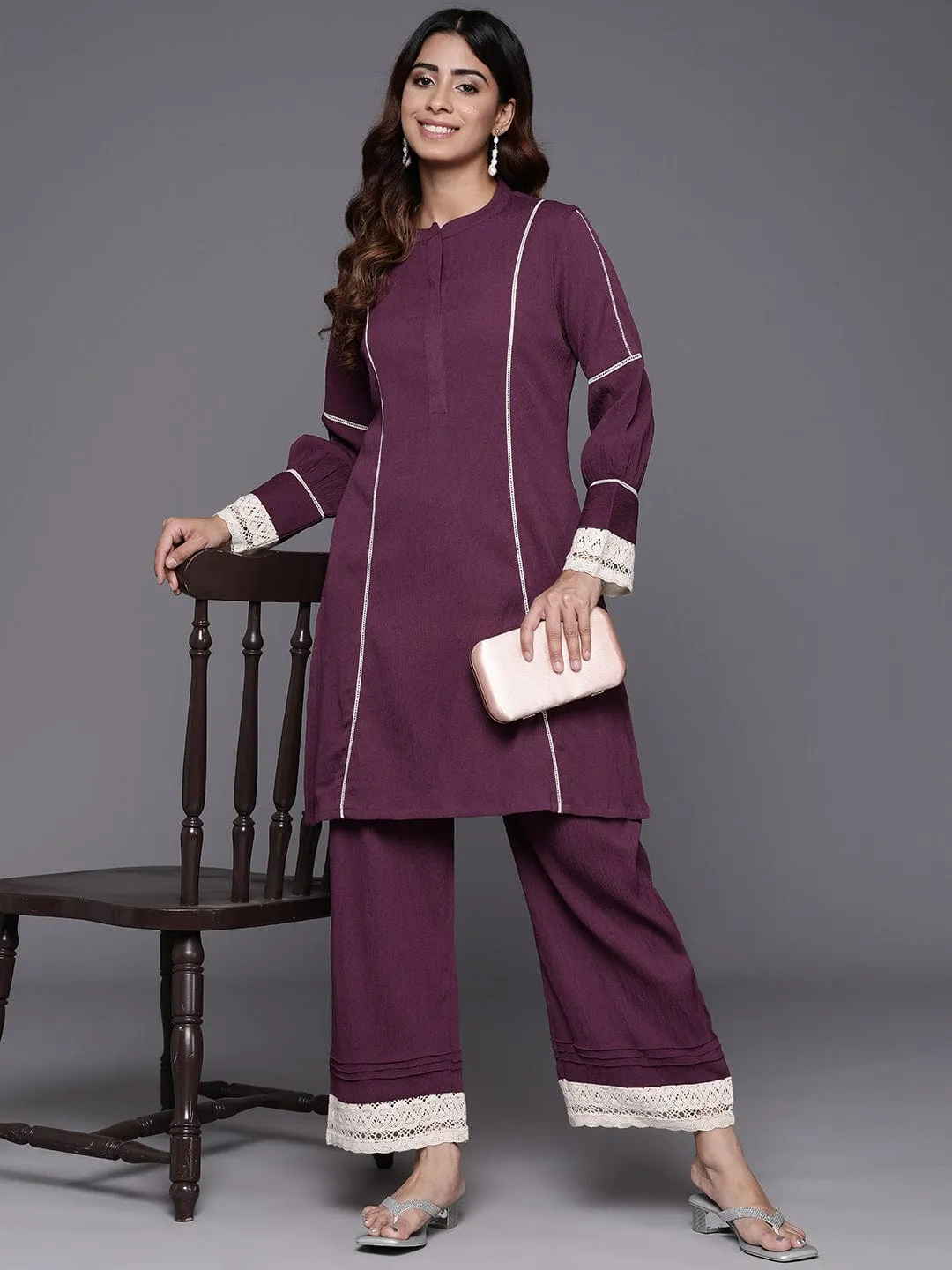 Varanga Women Violet Cotton Lace Detailed Co-Ord Set