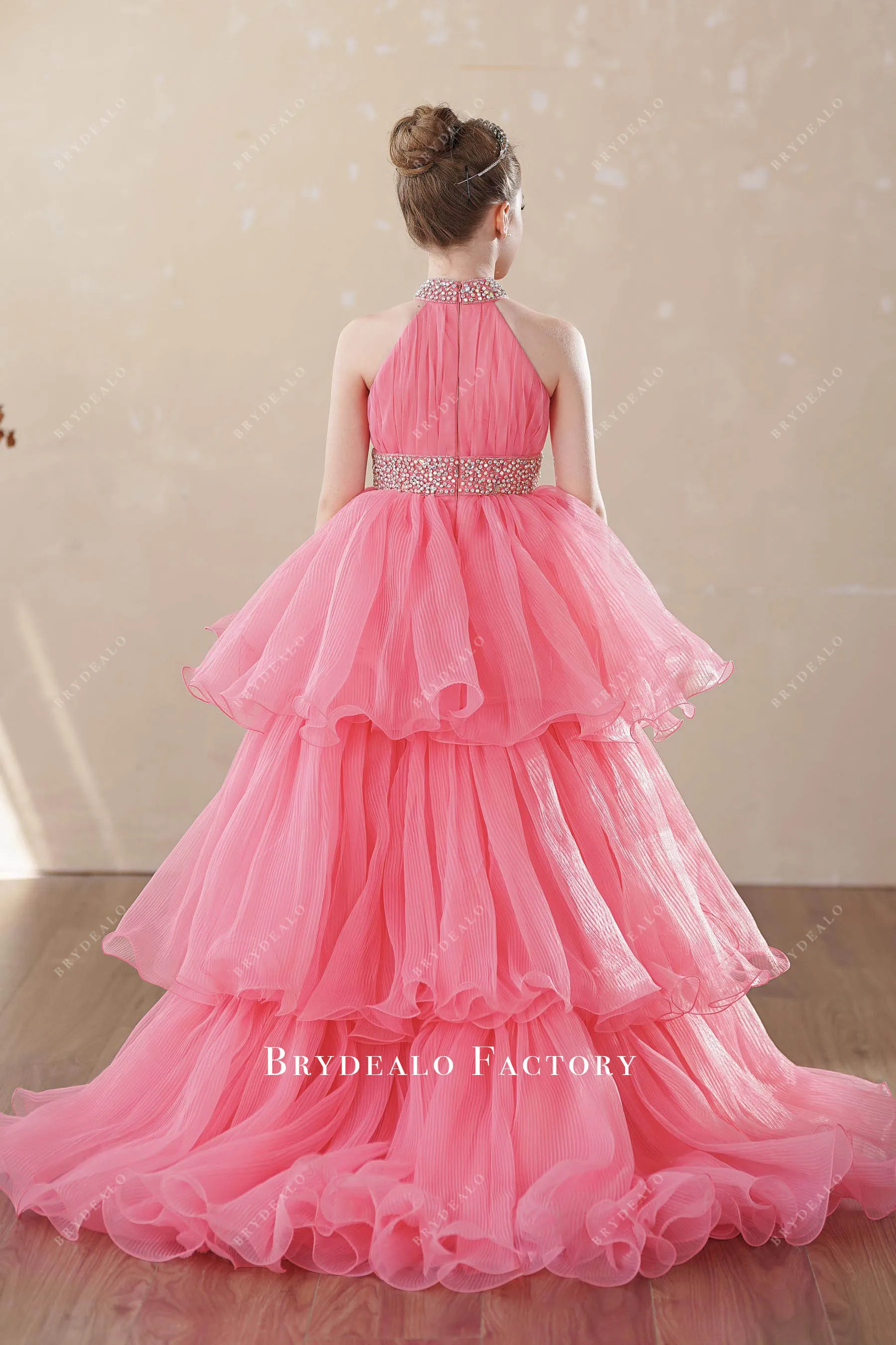 Watermelon Tiered Organza Rhinestone Halter Miss Teen Pageant Dress