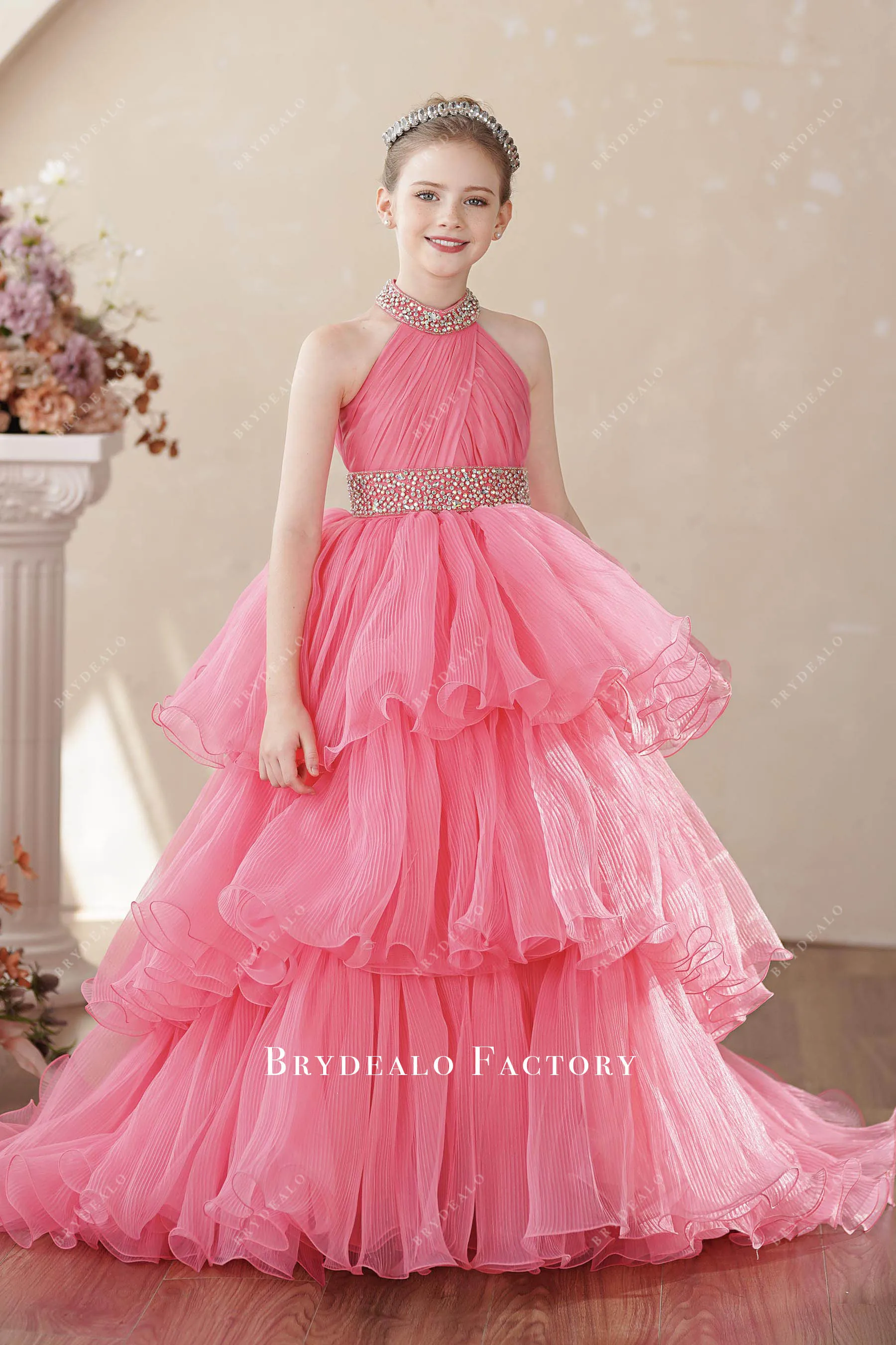 Watermelon Tiered Organza Rhinestone Halter Miss Teen Pageant Dress