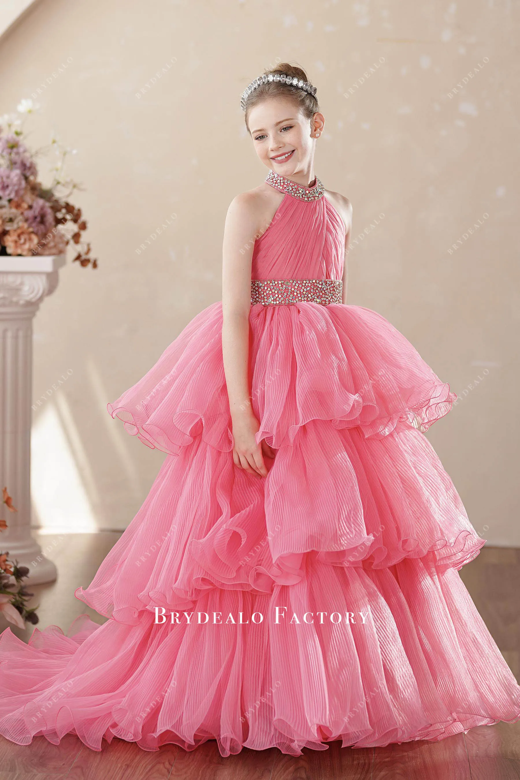 Watermelon Tiered Organza Rhinestone Halter Miss Teen Pageant Dress