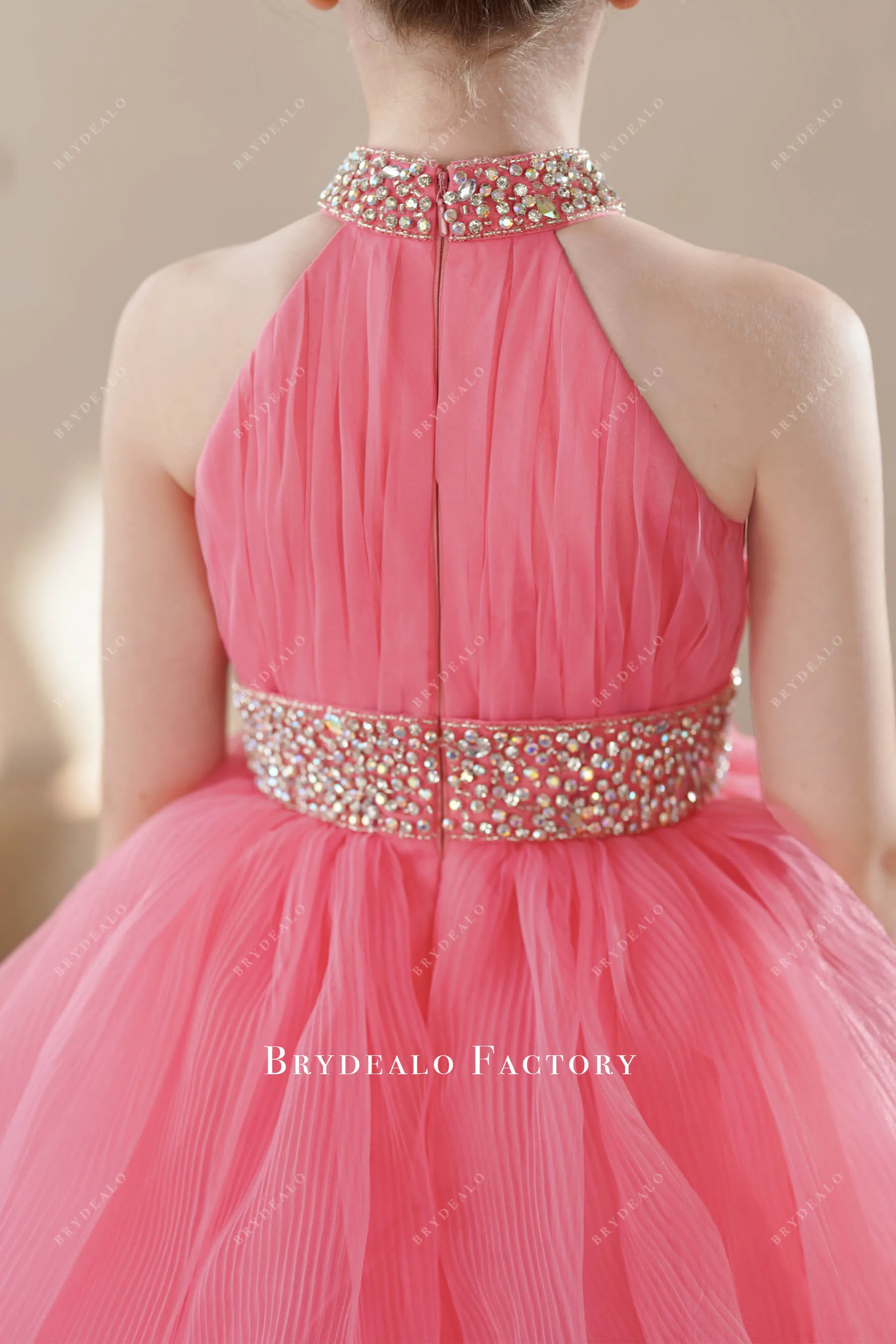 Watermelon Tiered Organza Rhinestone Halter Miss Teen Pageant Dress