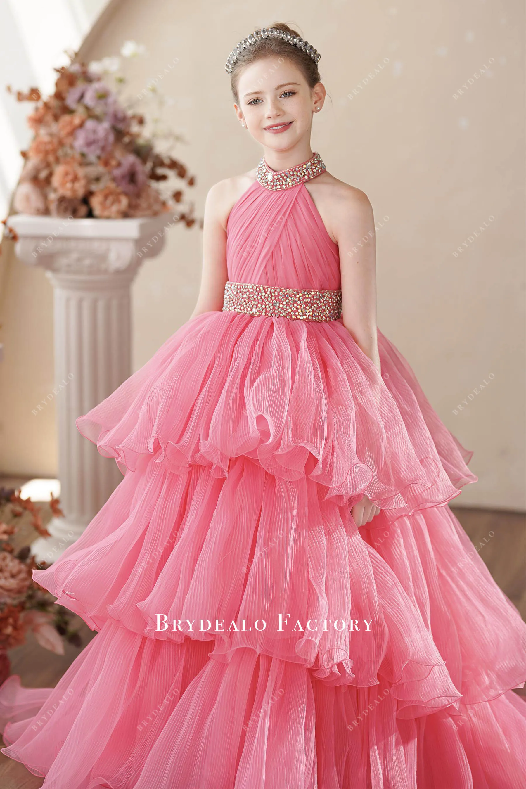 Watermelon Tiered Organza Rhinestone Halter Miss Teen Pageant Dress