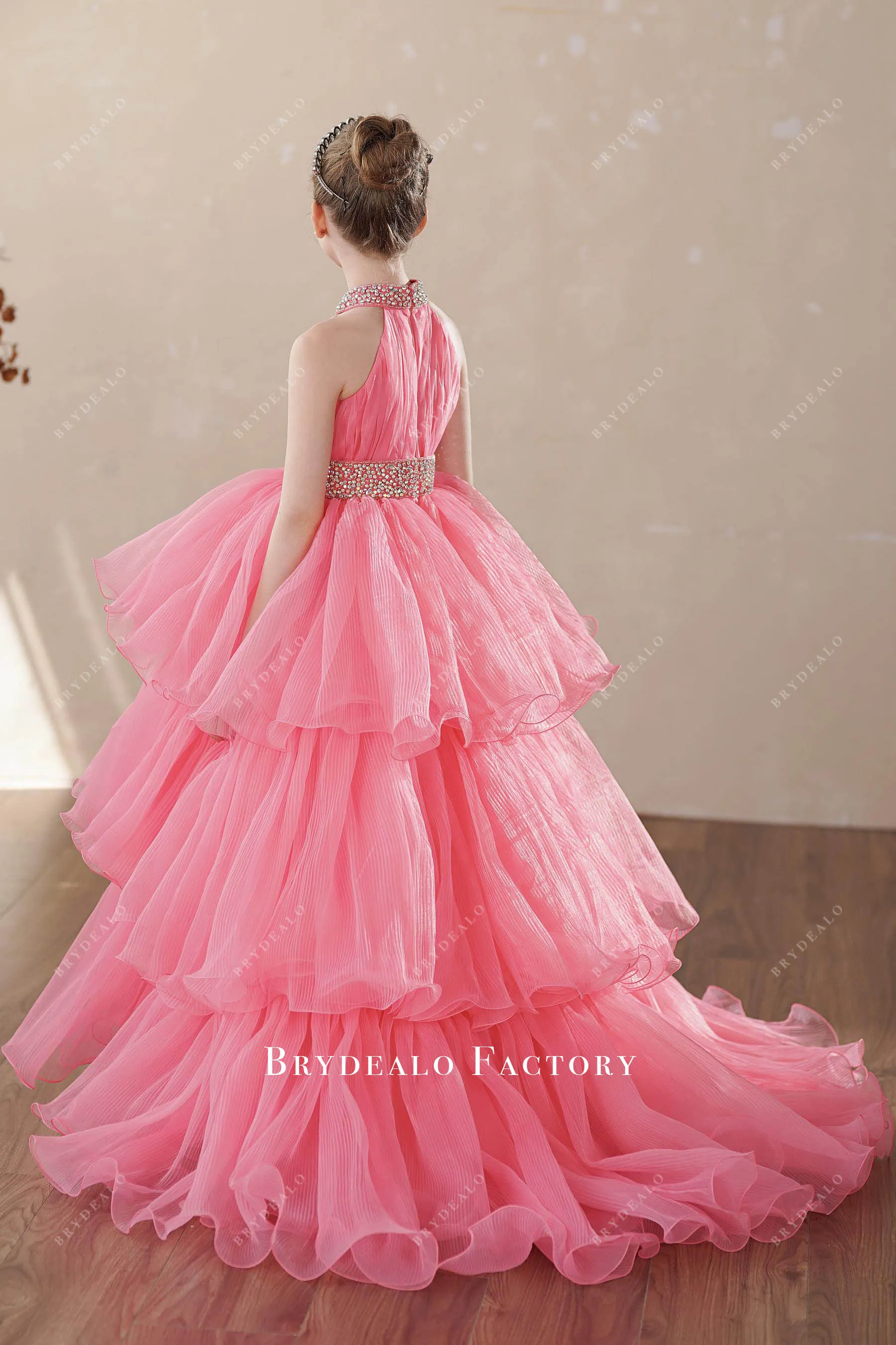 Watermelon Tiered Organza Rhinestone Halter Miss Teen Pageant Dress