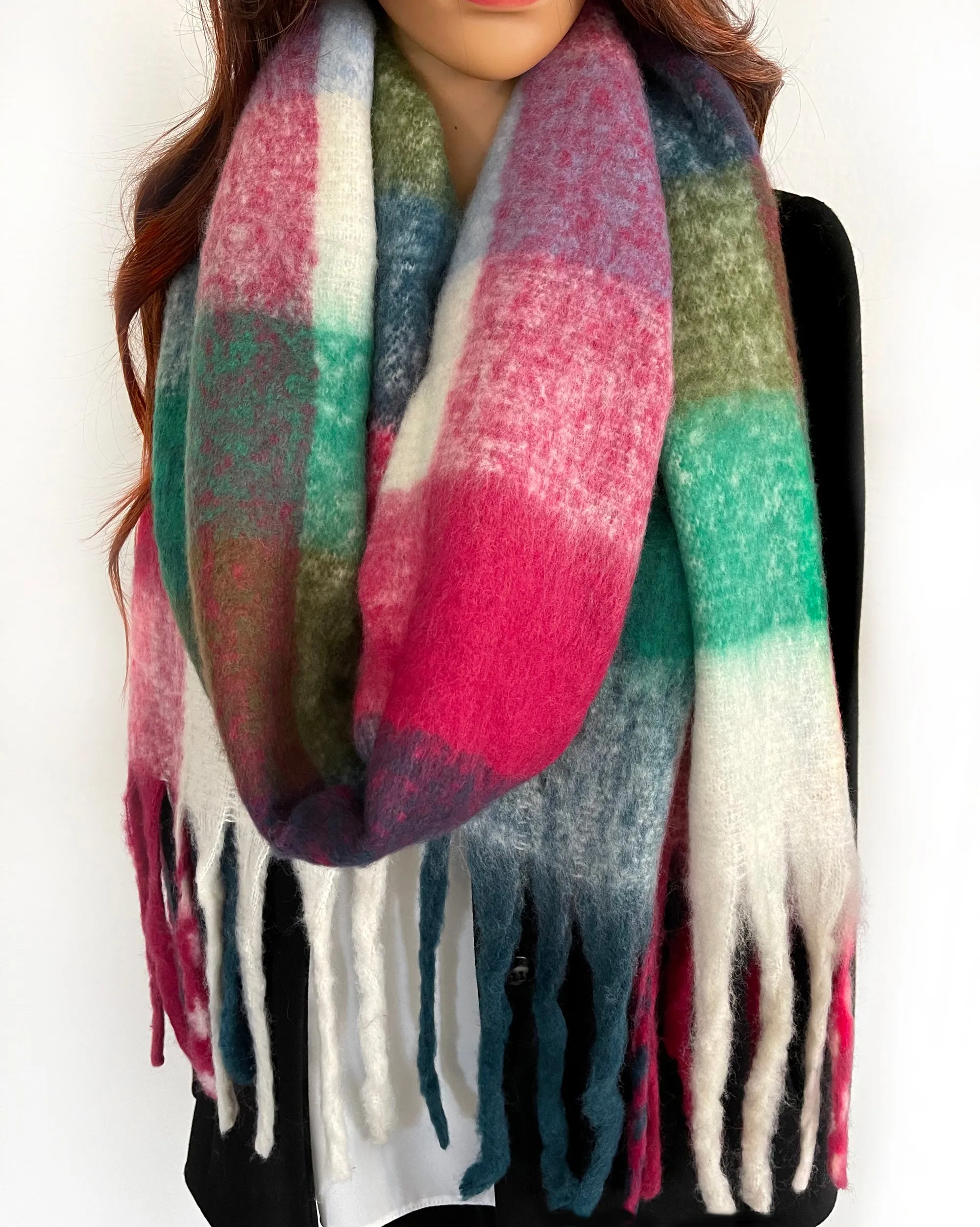 WHITE CHECKED WOOL RAINBOW BLANKET SCARF OVERSIZED WINTER SHAWL WRAP