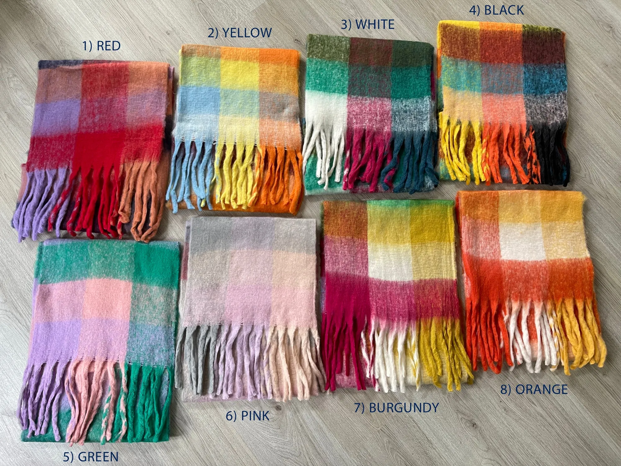 WHITE CHECKED WOOL RAINBOW BLANKET SCARF OVERSIZED WINTER SHAWL WRAP