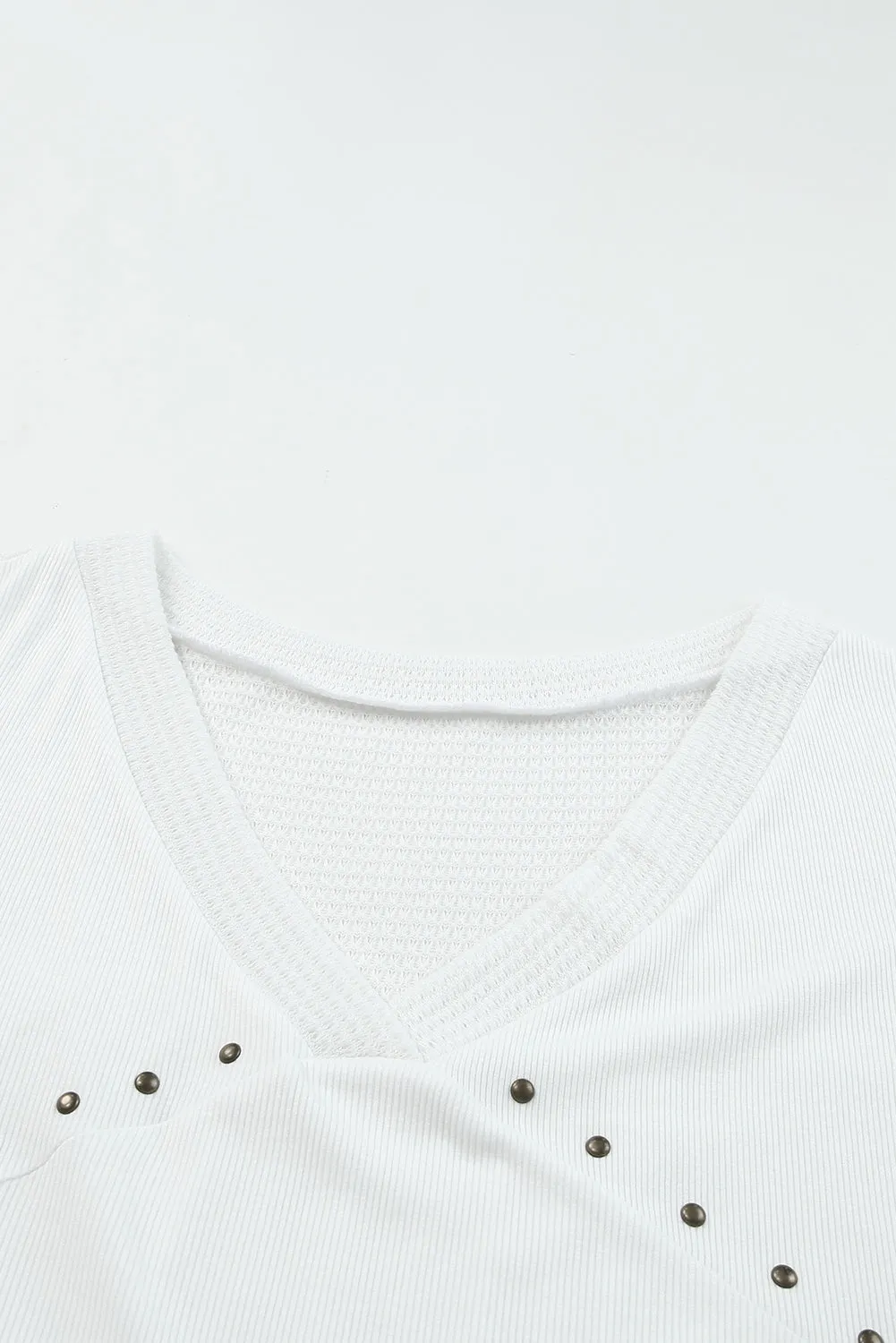 White Contrast Knit Splicing V Neck Studded Blouse