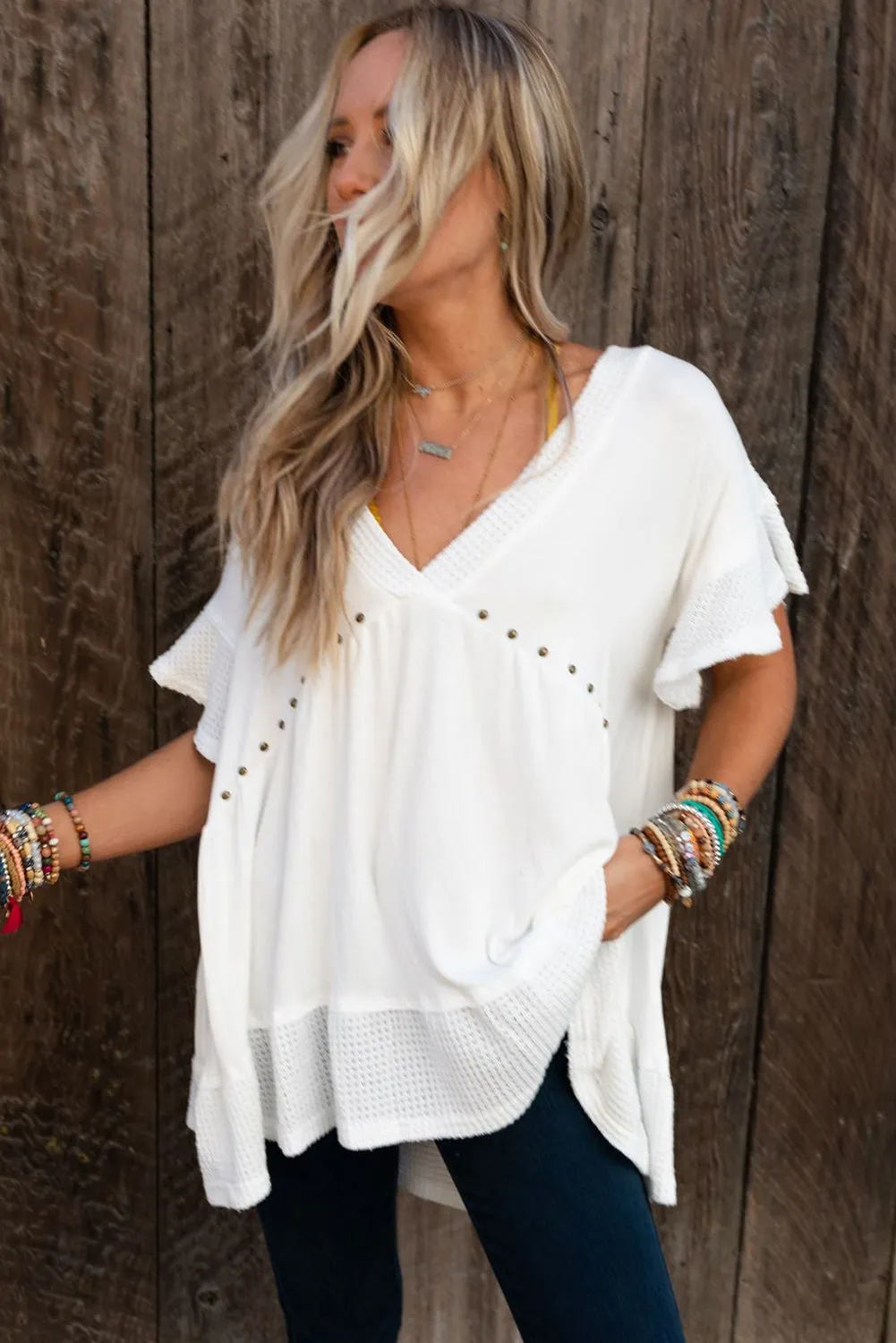 White Contrast Knit Splicing V Neck Studded Blouse