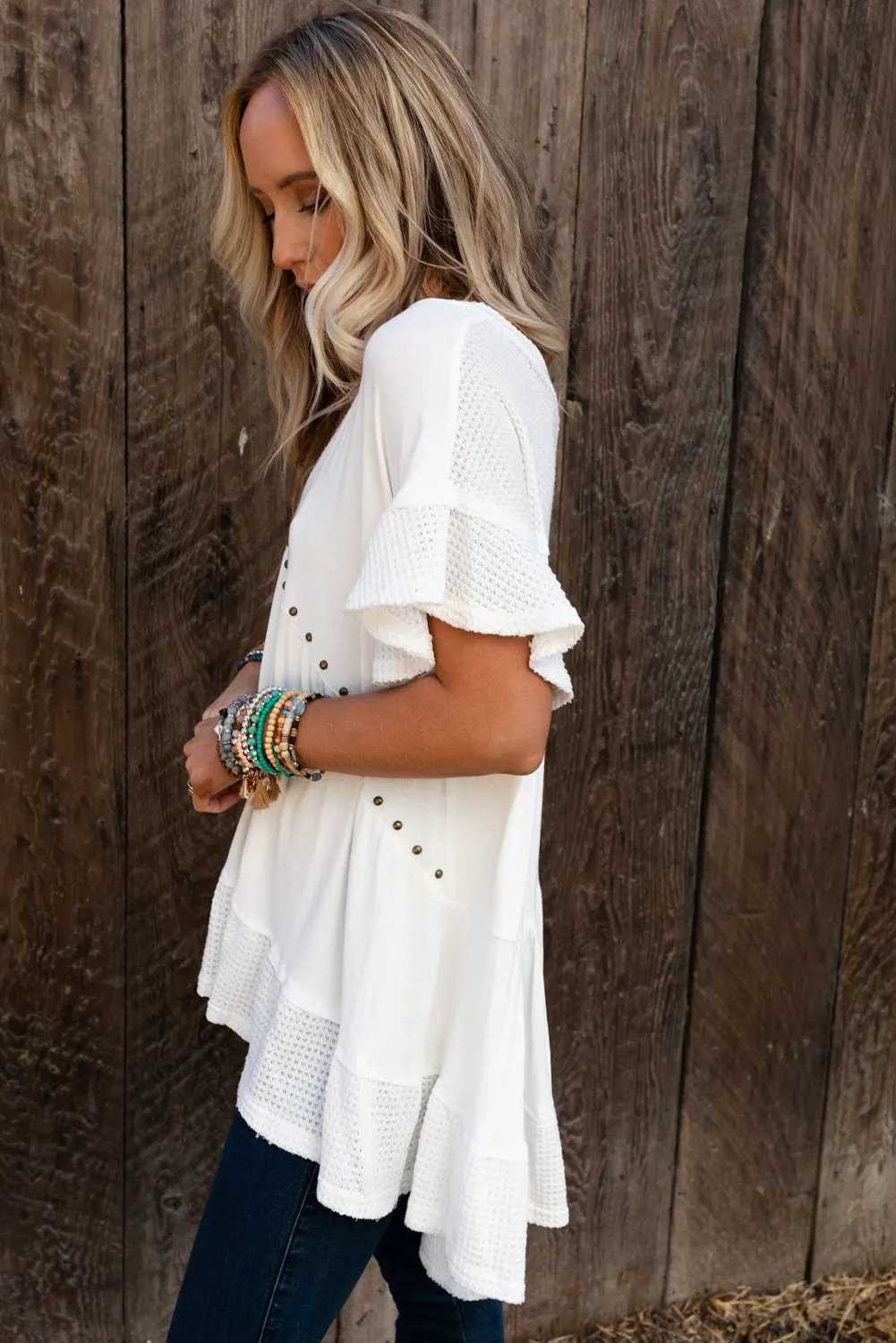 White Contrast Knit Splicing V Neck Studded Blouse