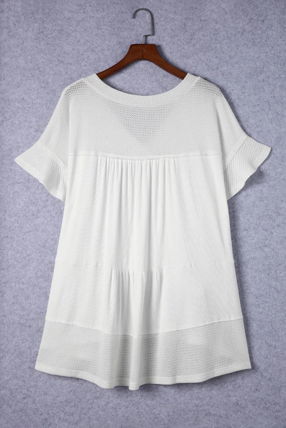 White Contrast Knit Splicing V Neck Studded Blouse