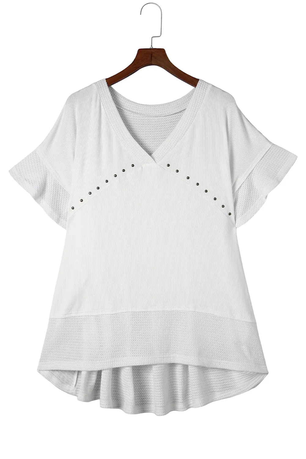 White Contrast Knit Splicing V Neck Studded Blouse