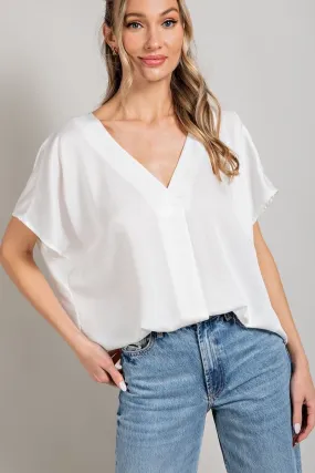 White Satin Short Sleeve Relaxed Blouse