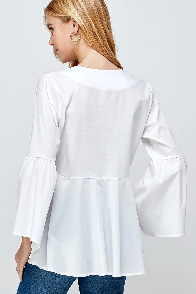 White Woven Peplum Long Sleeve Top