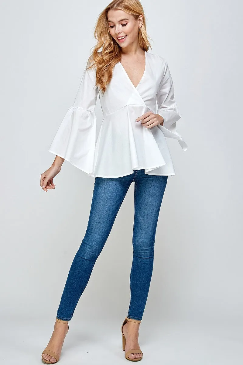 White Woven Peplum Long Sleeve Top