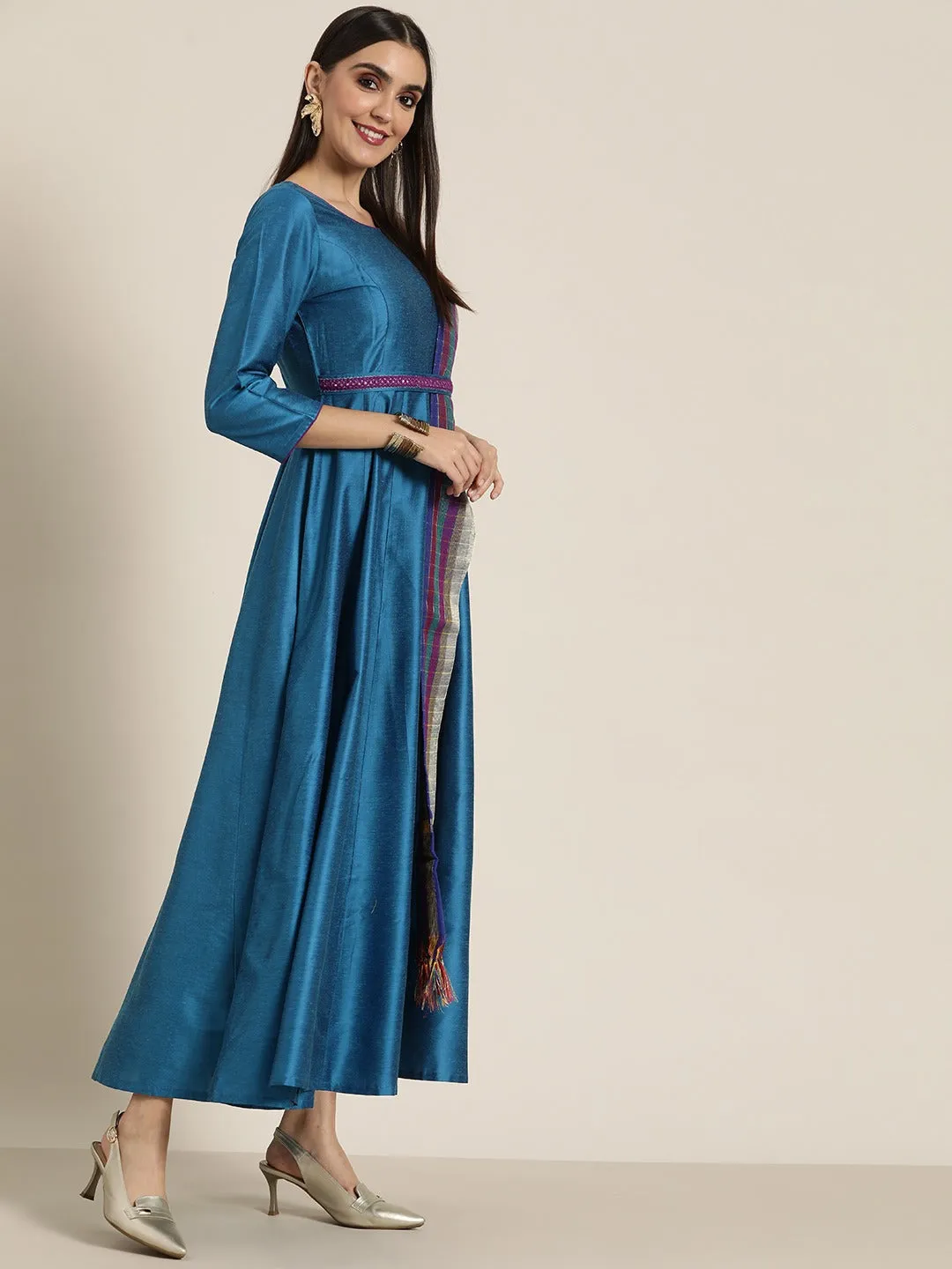 Women Blue Anarkali Maxi With Purple Striped Dupatta