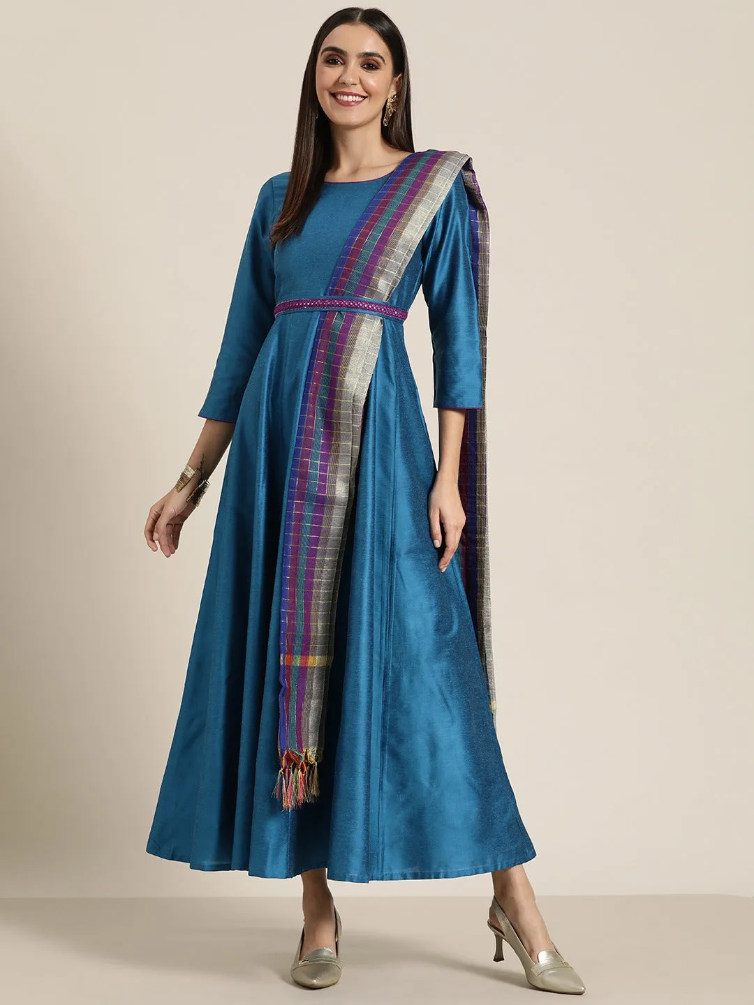 Women Blue Anarkali Maxi With Purple Striped Dupatta