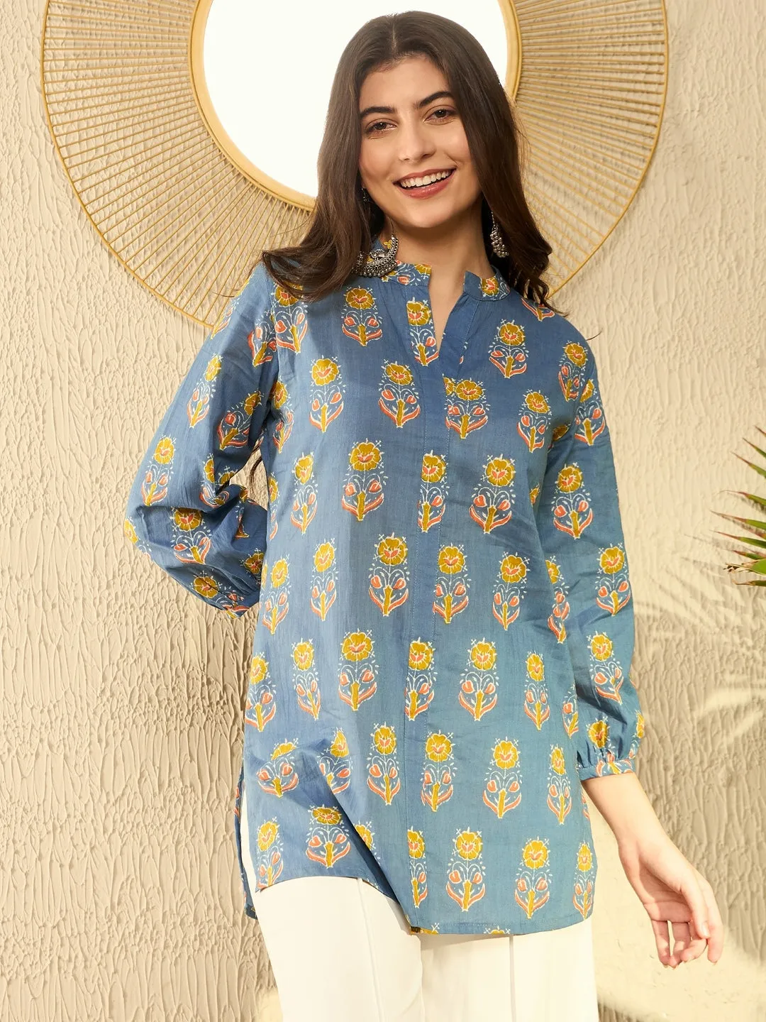 Women Blue Cotton Blend Floral Printed Regular Tunic