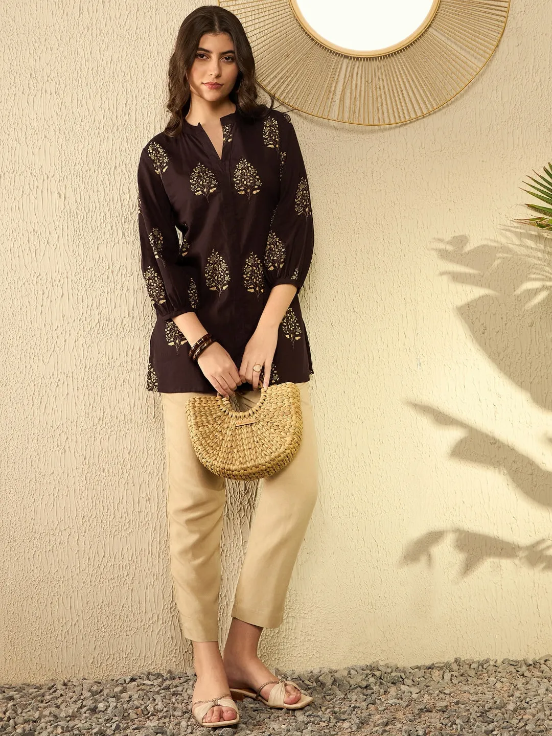 Women Brown Cotton Blend Ethnic Motifs Printed Regular Tunic