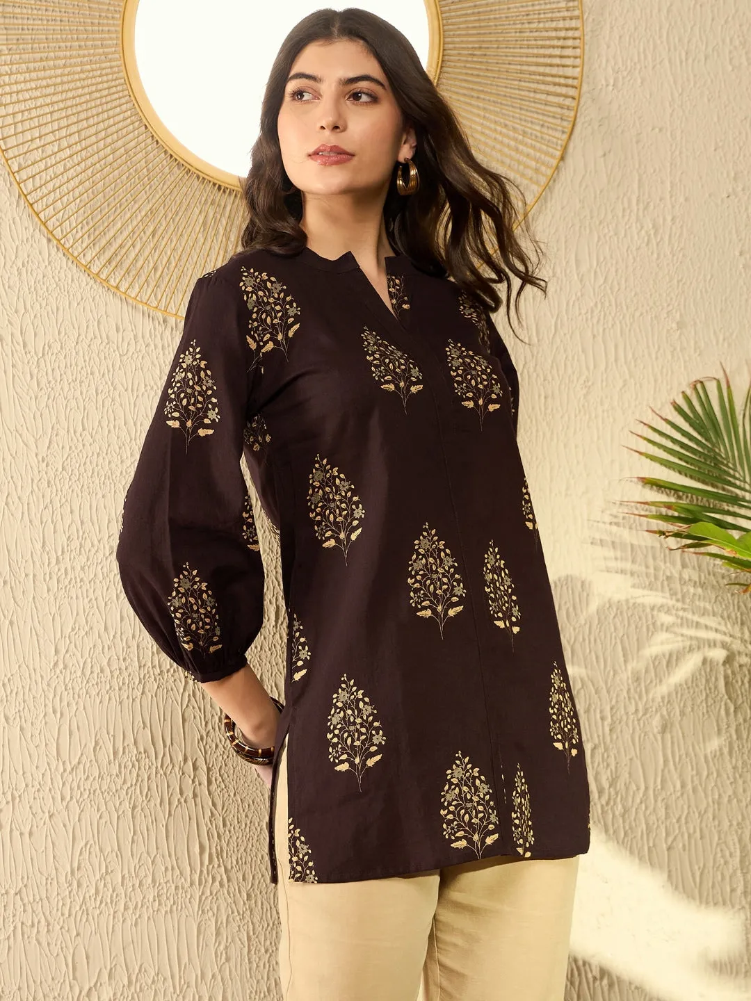 Women Brown Cotton Blend Ethnic Motifs Printed Regular Tunic