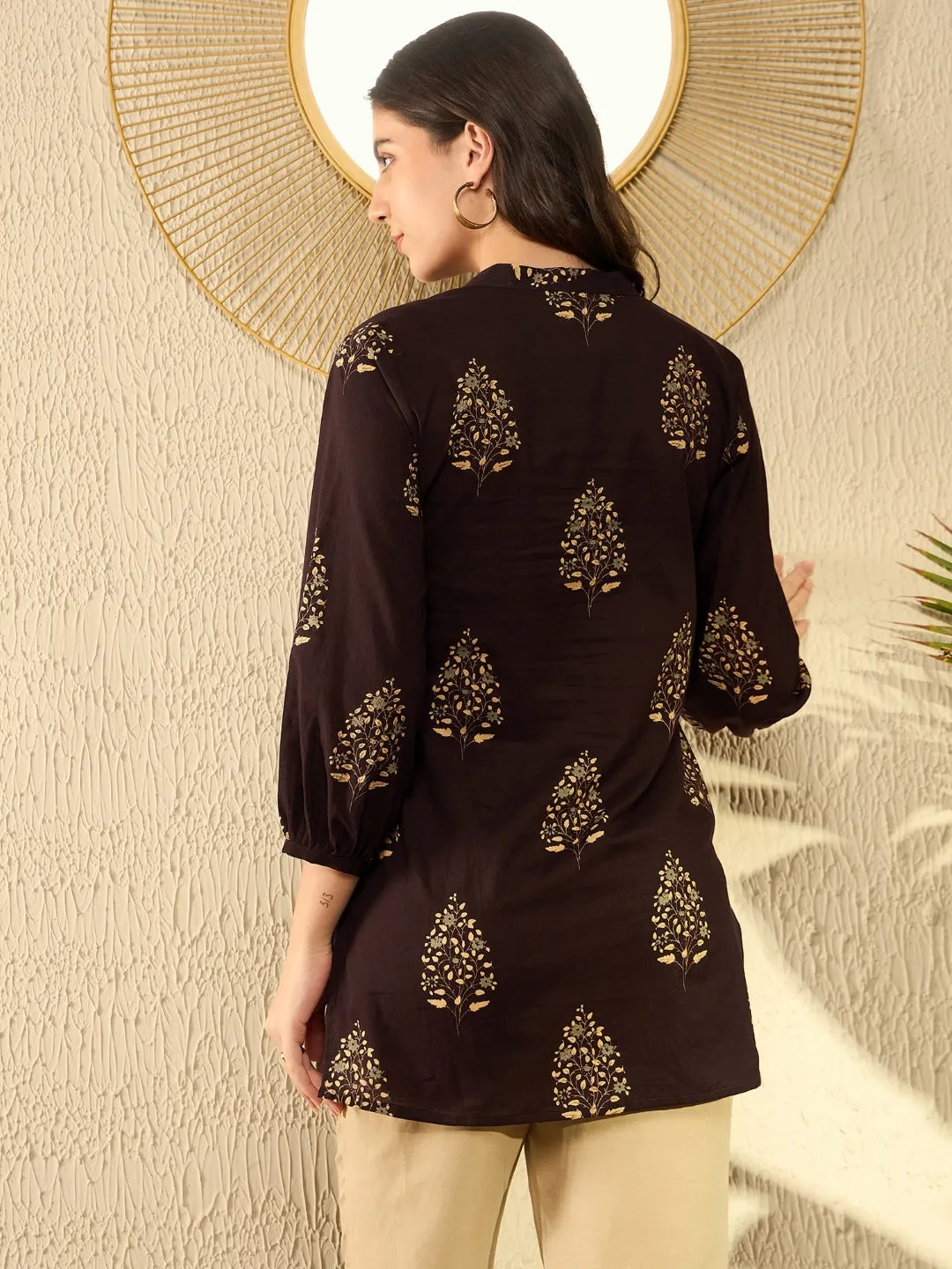 Women Brown Cotton Blend Ethnic Motifs Printed Regular Tunic