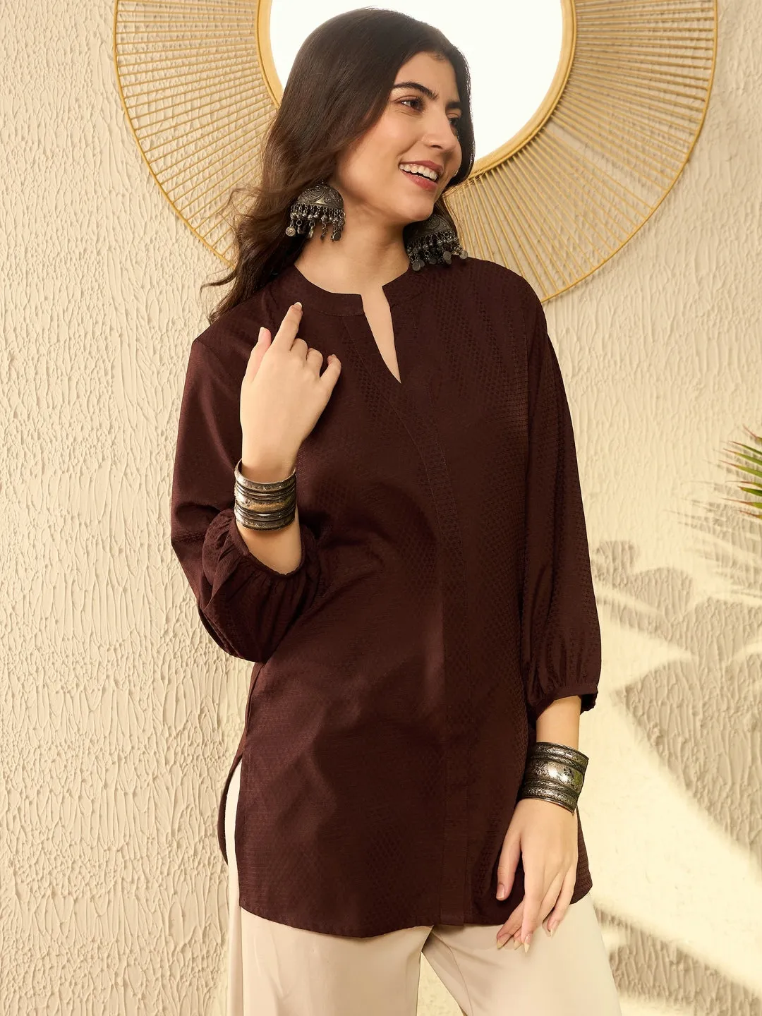 Women Brown Polyester Solid Regular Tunic