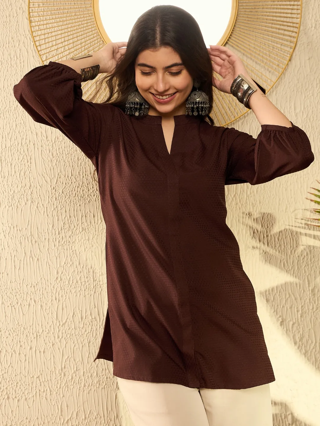 Women Brown Polyester Solid Regular Tunic