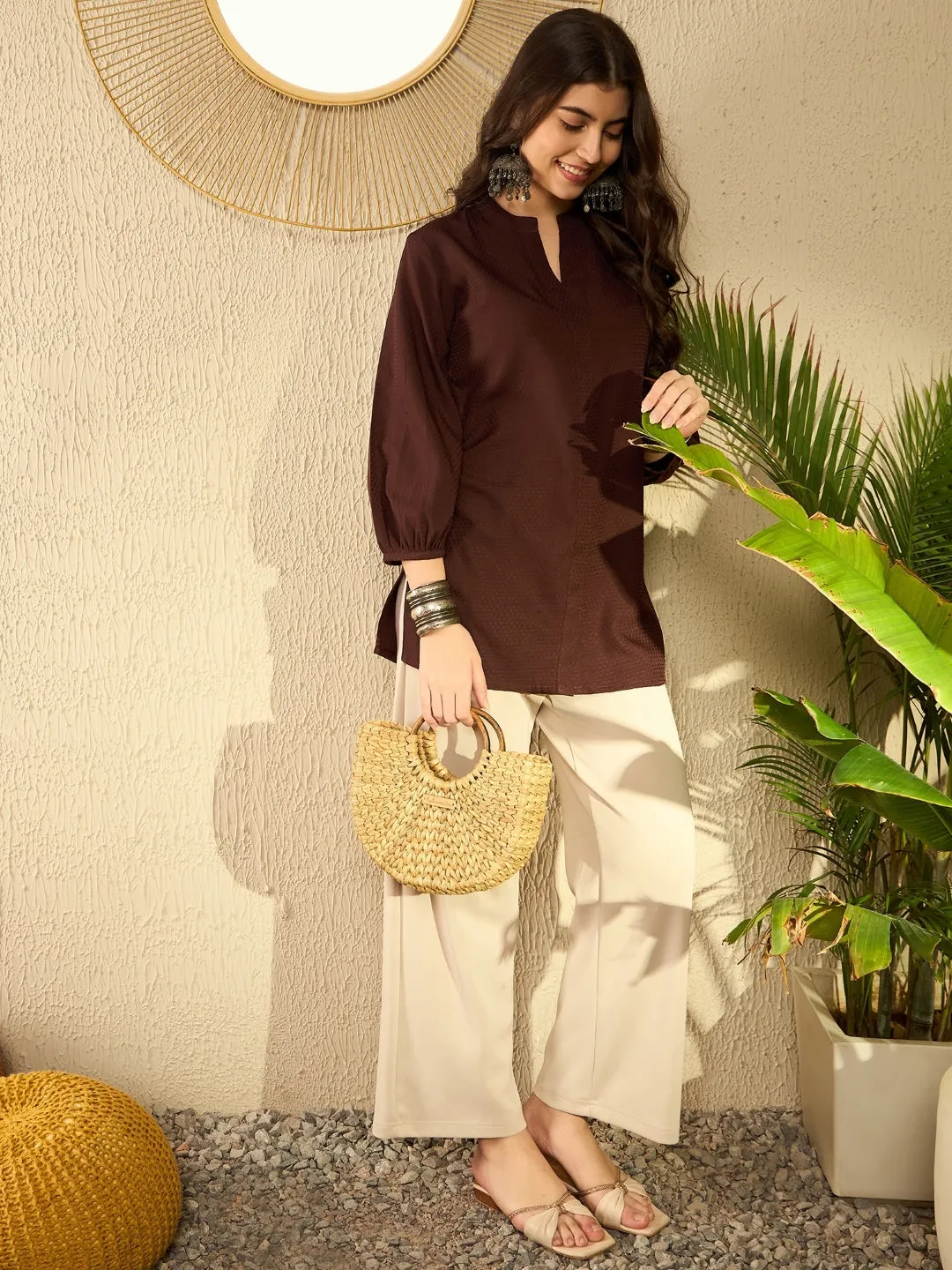 Women Brown Polyester Solid Regular Tunic