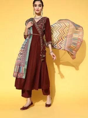 Women Brown Viscose Rayon Kurta Set With Dupatta