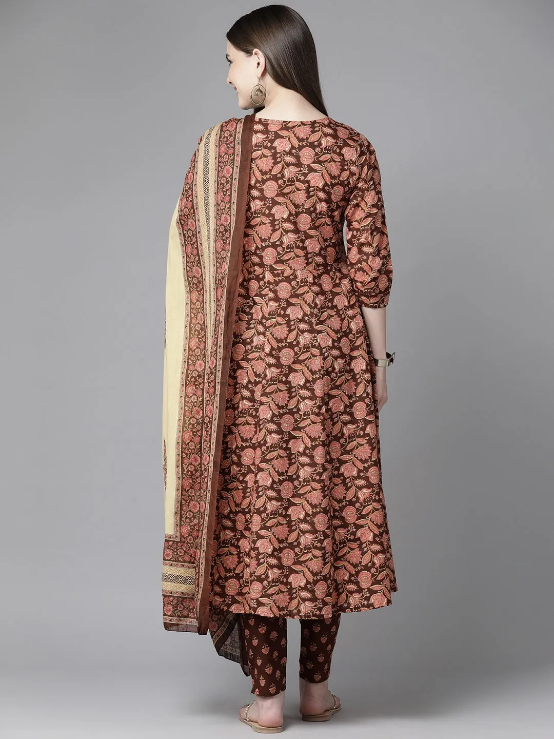 Women Coffee Brown Pure Cotton Kurta Set With Dupatta