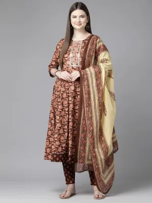 Women Coffee Brown Pure Cotton Kurta Set With Dupatta