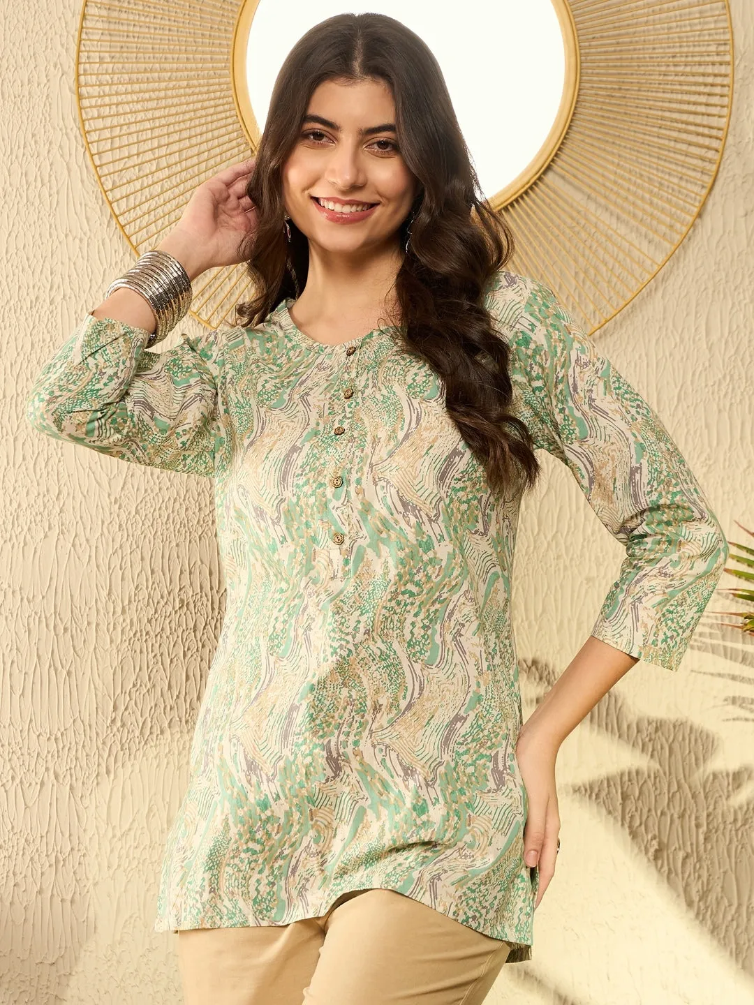 Women Green Cotton Blend Abstract Printed Regular Tunic