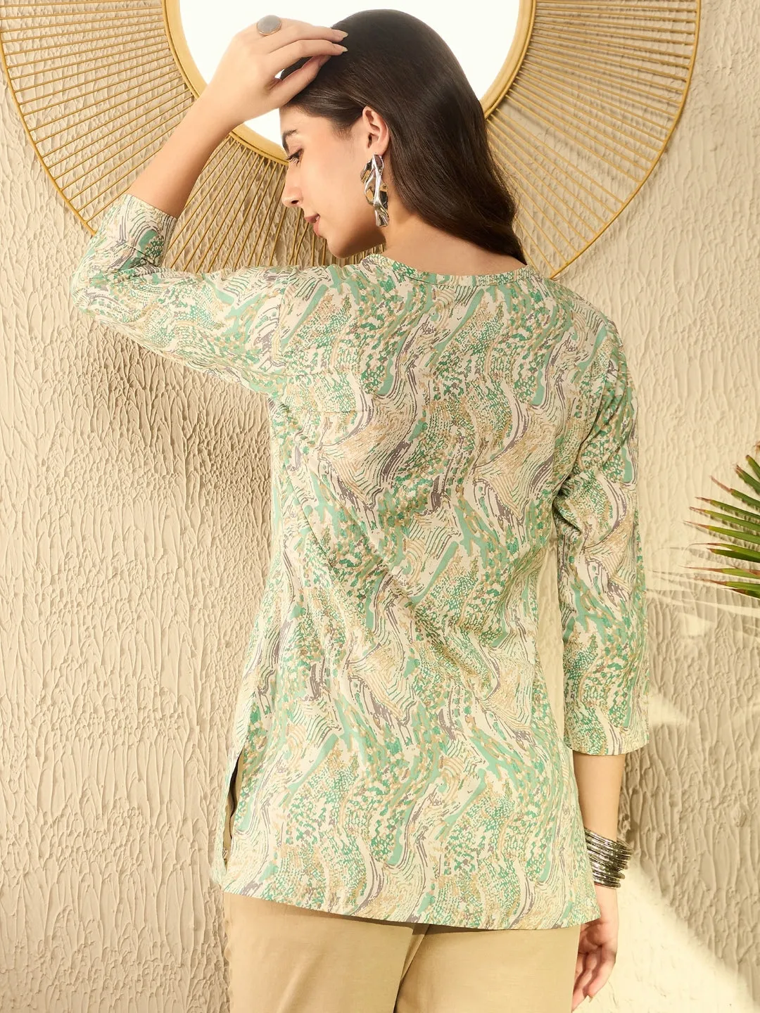 Women Green Cotton Blend Abstract Printed Regular Tunic