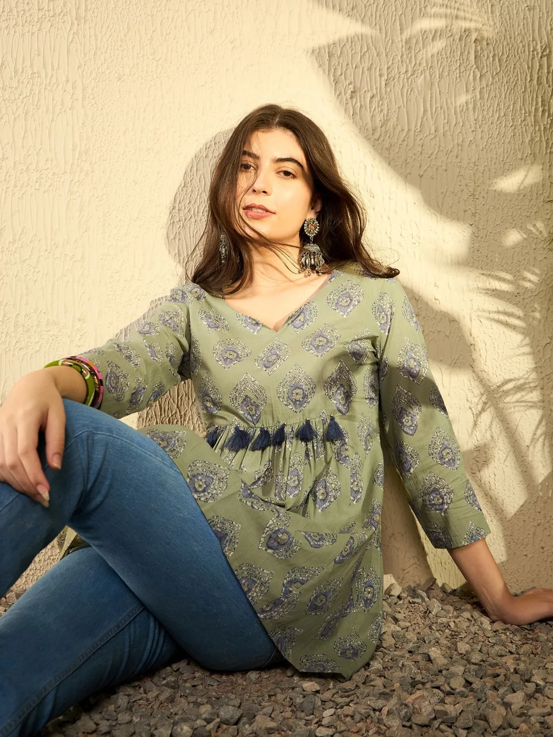 Women Green Cotton Blend Ethnic Motifs Printed Peplum Tunic