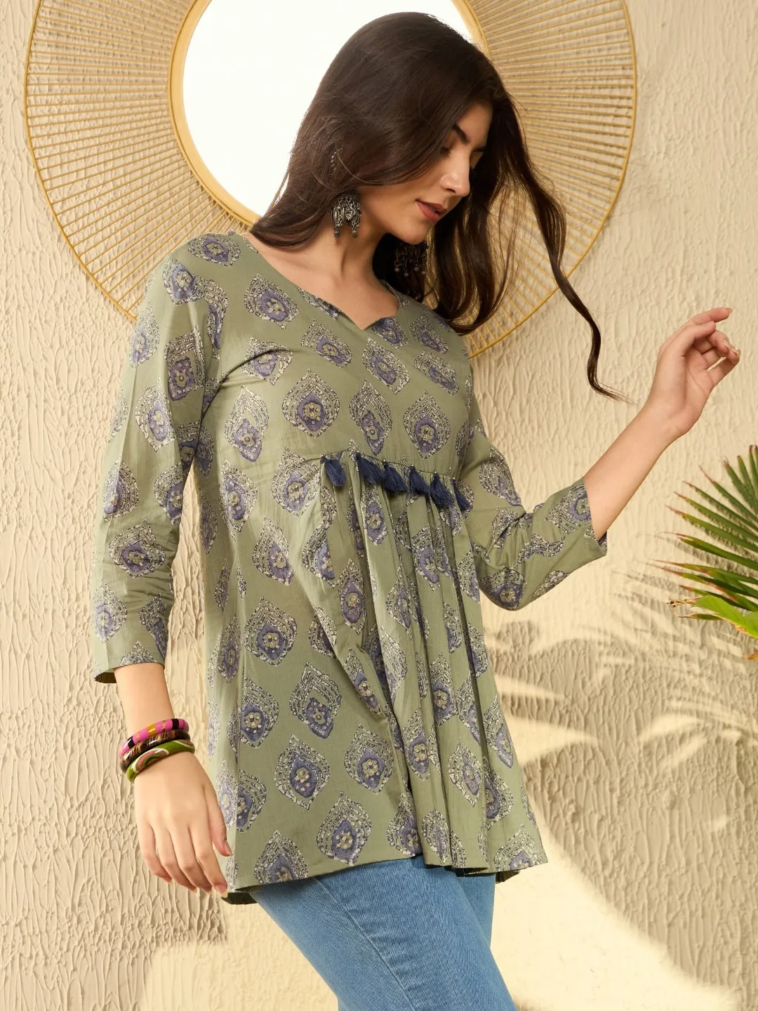 Women Green Cotton Blend Ethnic Motifs Printed Peplum Tunic